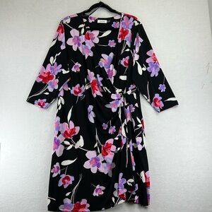 Calvin Klein Faux Wrap Dress Sz 1X* Black/Pink Floral Polyester Knit Like New